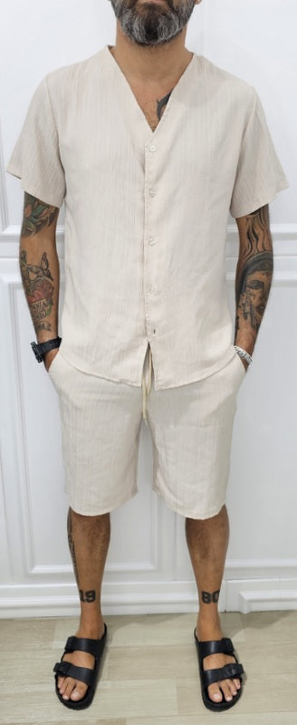 Completo uomo Camicia e bermuda tessuto rilievo elastico 3 colori