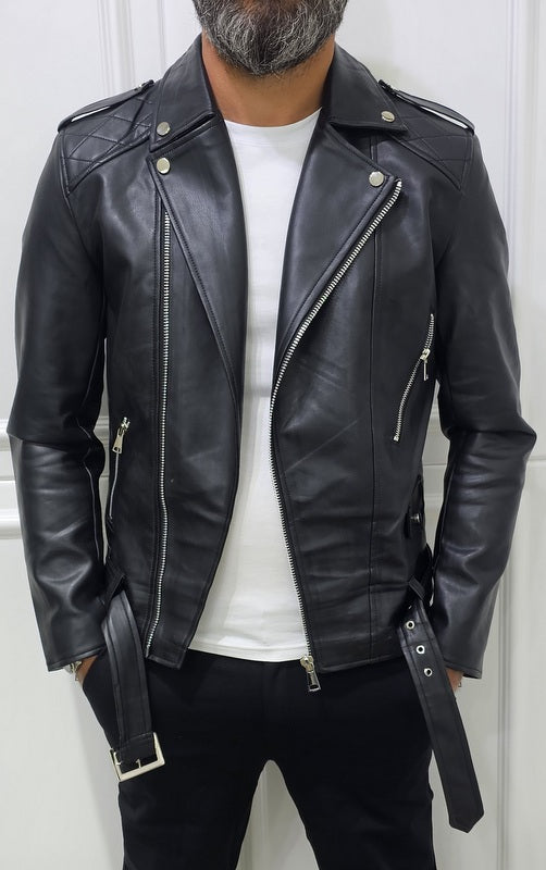 Giubbino Uomo Foderato Eco pelle Chiodo nero cintura s,m,l,xl,xxl