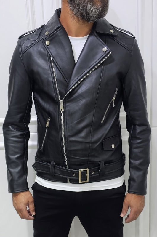 Giubbino Uomo Foderato Eco pelle Chiodo nero cintura s,m,l,xl,xxl