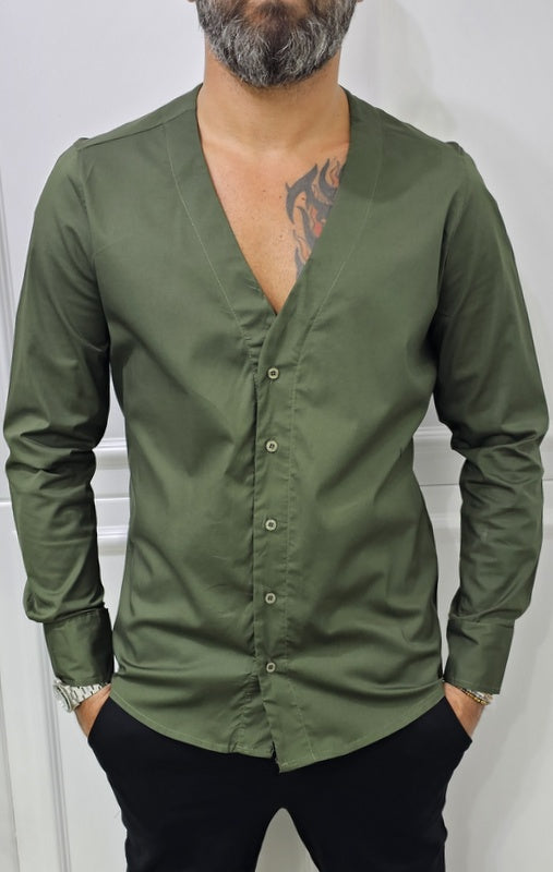 Camicia uomo Slim elastica cotone Scollo V Manica Lunga s,m,l,xl,xxl