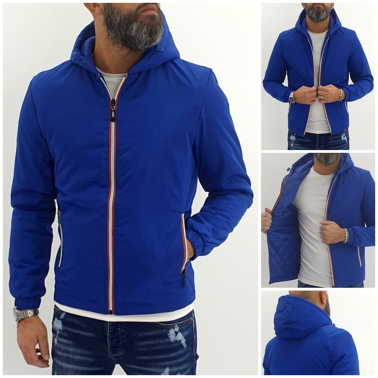 giubbino piumino semi impermabile cappuccio blu chiaro con trapuntina interna