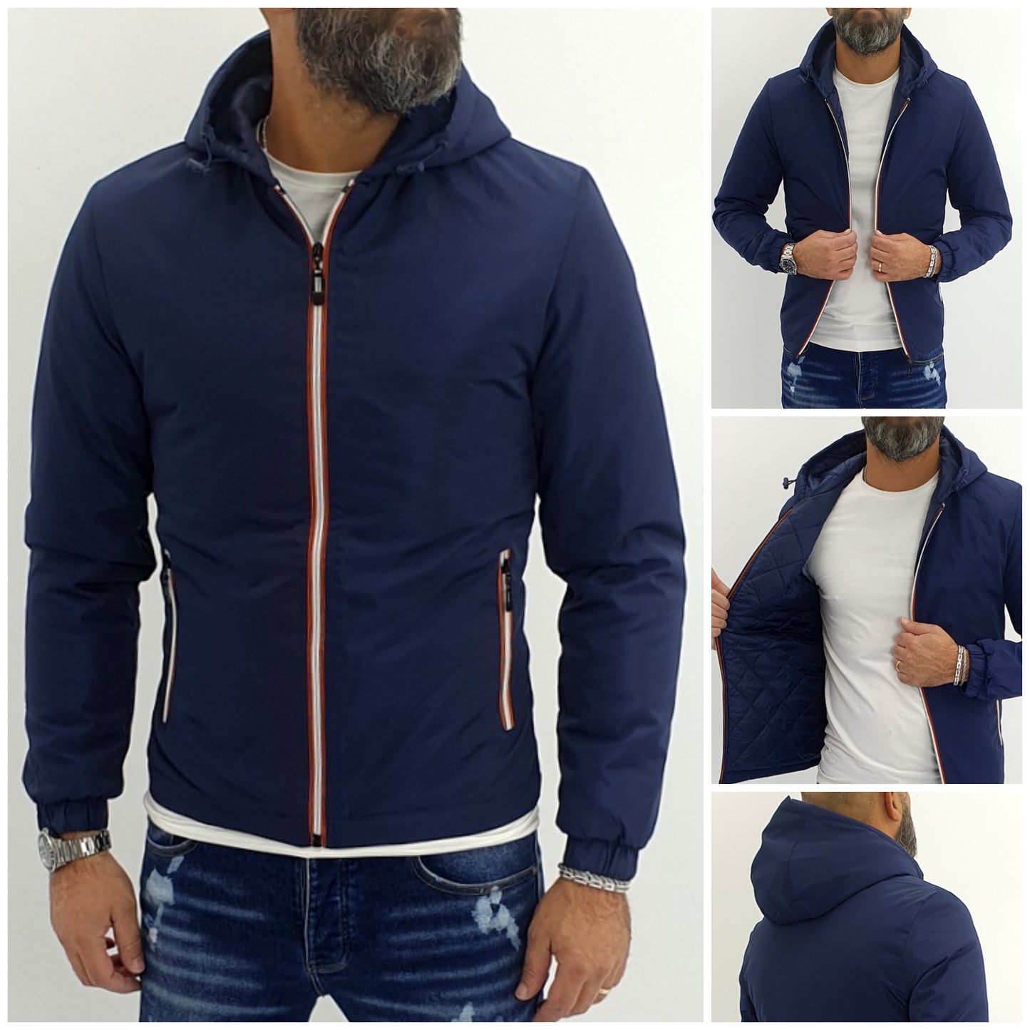 giubbino piumino semi impermabile cappuccio blu con trapuntina interna