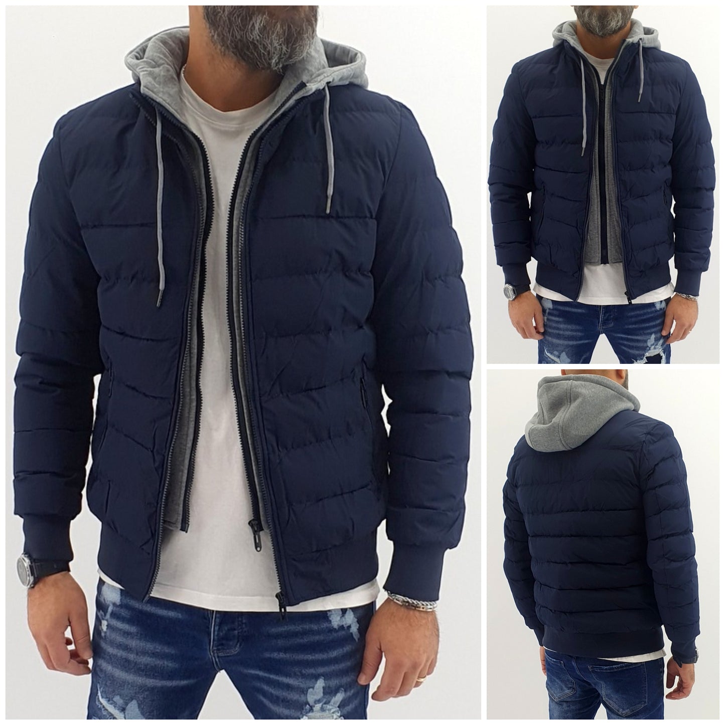 piumino uomo semi impermeabile blu con pettorina e cappuccio felpato fisso