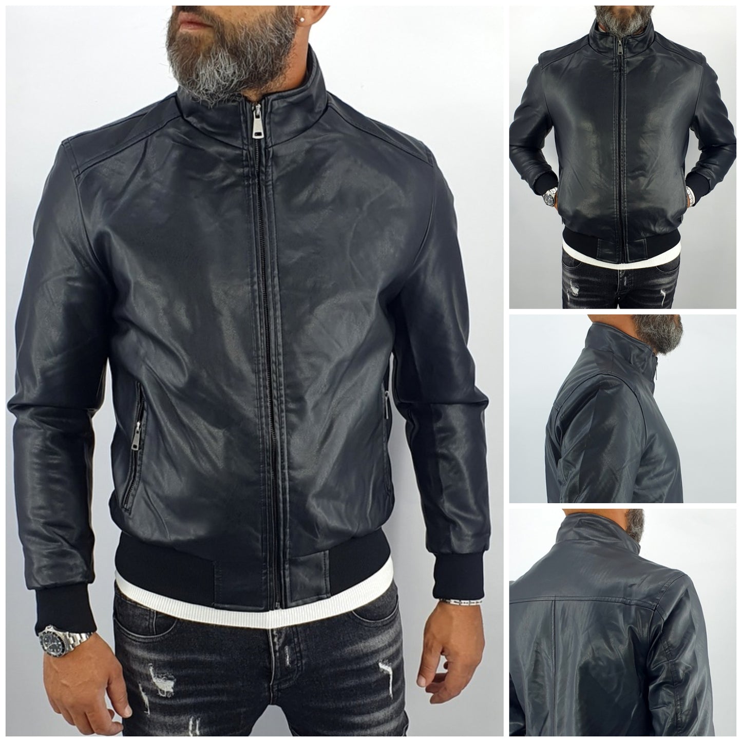 giubbino uomo bomber collo alto ecopelle giacca corto nero slim s,m,l,xl,xxl
