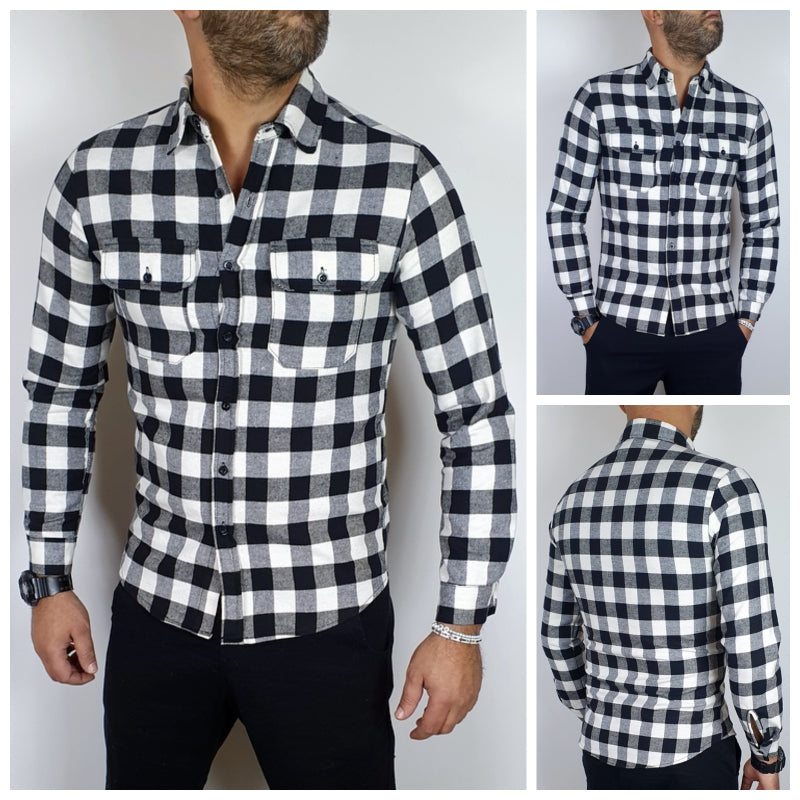 Camicia uomo scozzese bianco quadri manica Lunga slim caldo cotone aderente slim