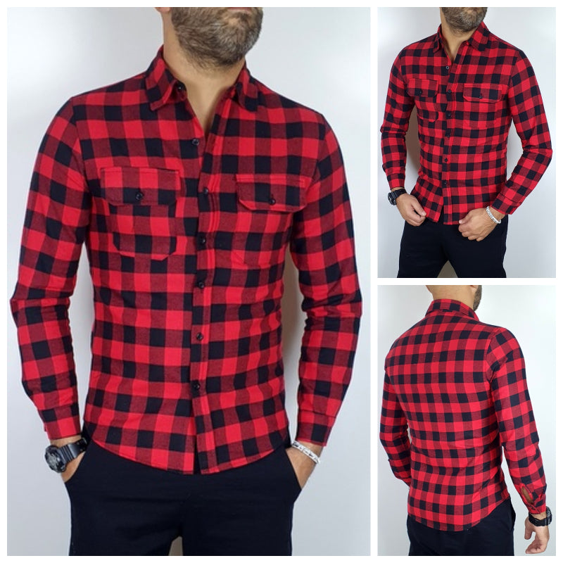 Camicia uomo scozzese rosso quadri manica Lunga slim caldo cotone aderente slim