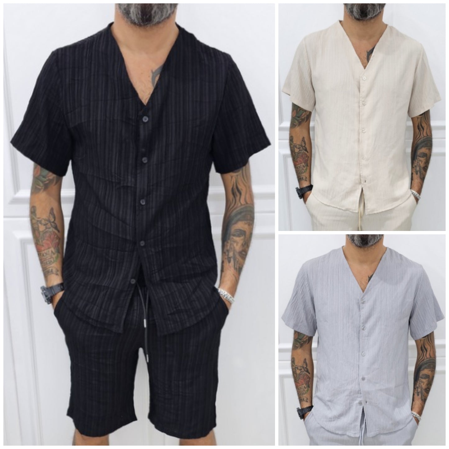 Completo uomo Camicia e bermuda tessuto rilievo elastico 3 colori