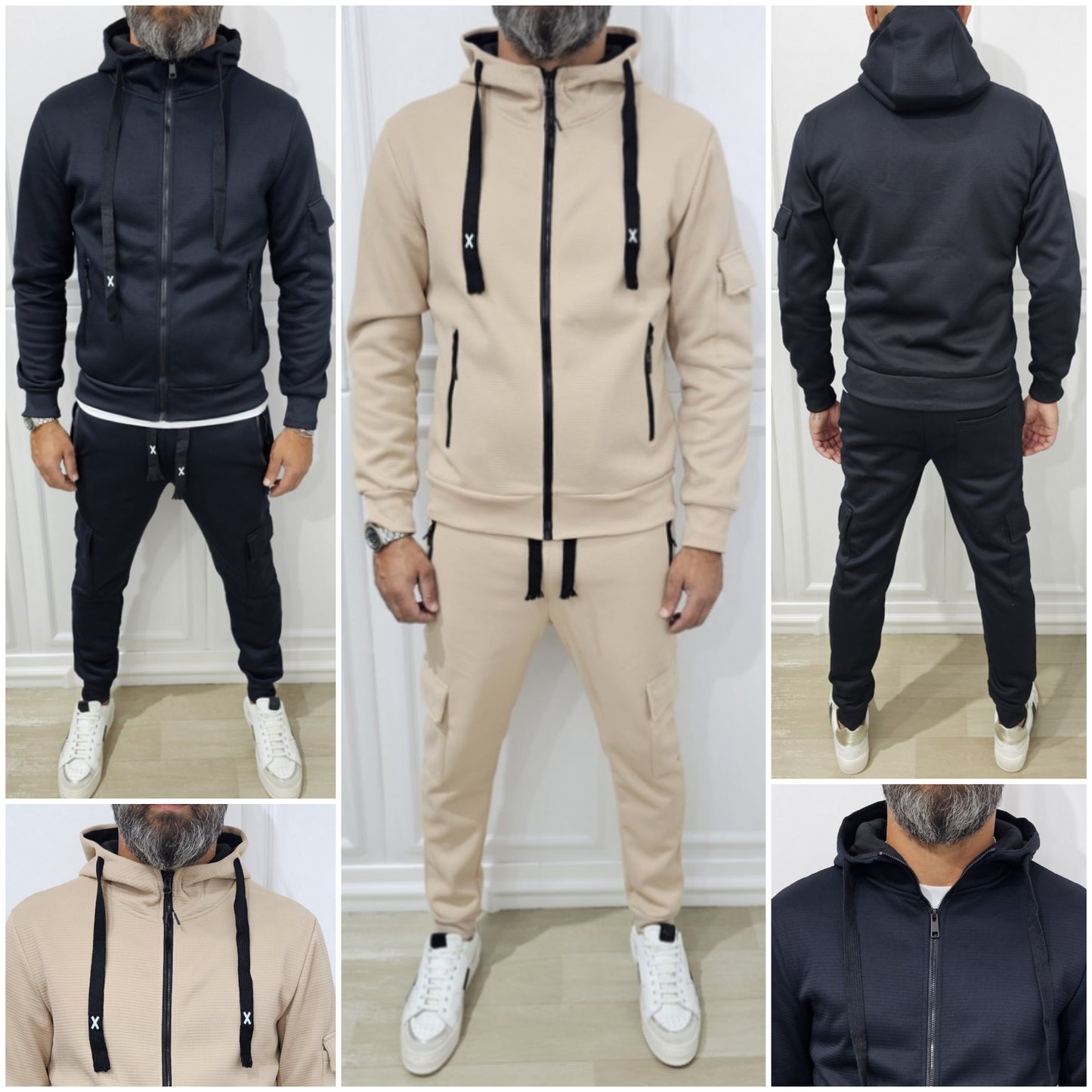 Tuta uomo cargo Cappuccio Completo Nido D'ape sabbia,nero s,m,l,xl,xxl