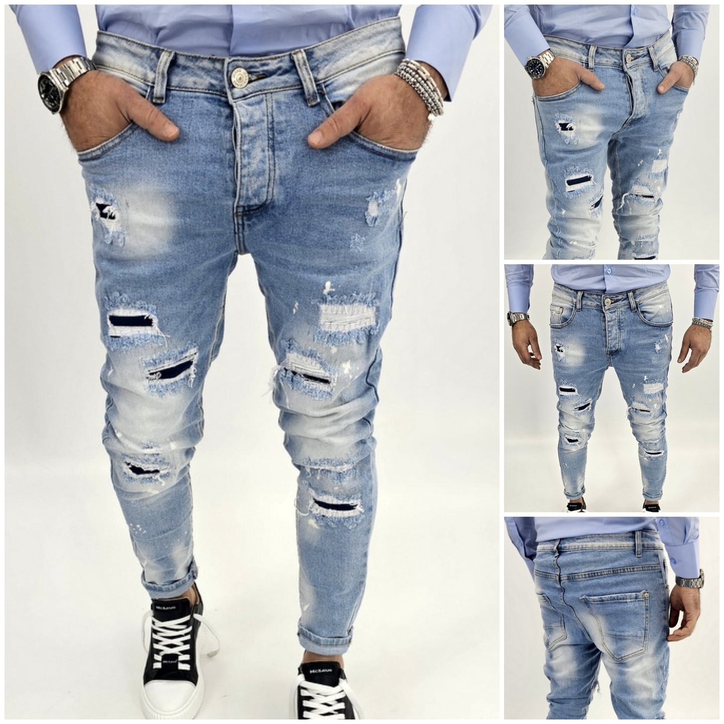 Jeans Denim Pantaloni cotone Uomo Slim Elasticizzati Con Strappi toppe blu slim
