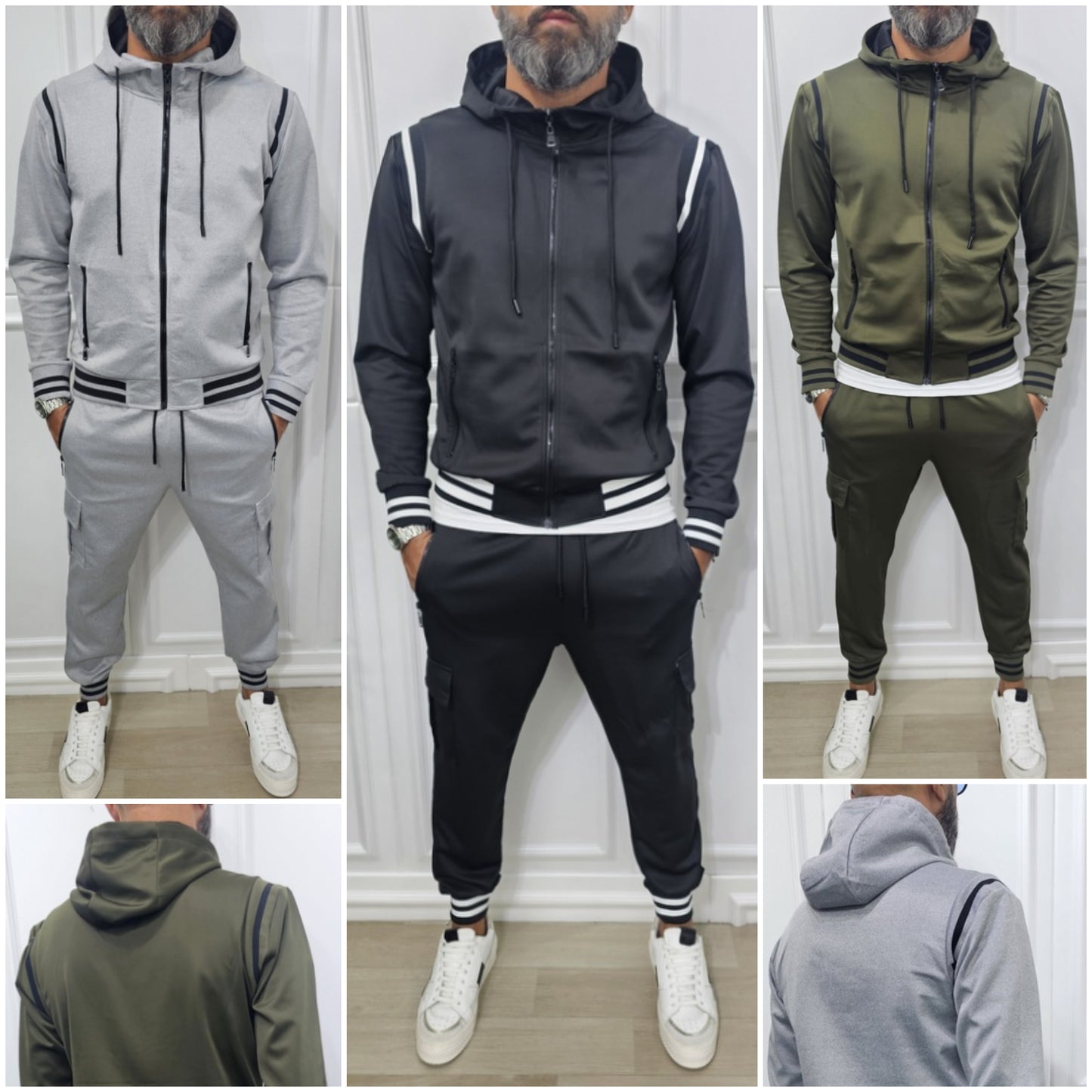 Tuta uomo cargo Cappuccio Completo Fasce Verde,nero,Grigio m,l,xl,xxl,3xl
