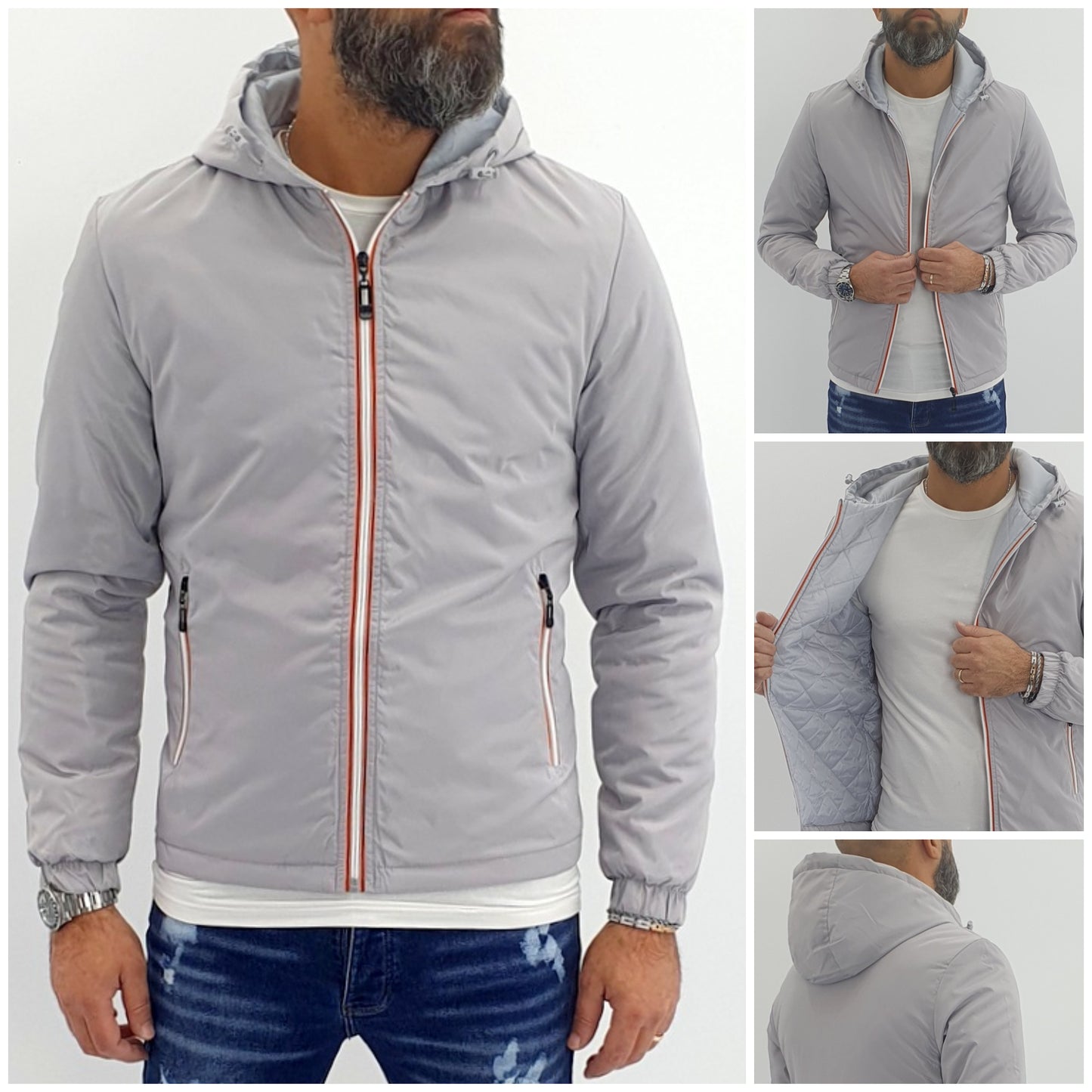 giubbino piumino semi impermabile cappuccio grigio ghiaccio trapuntina interna