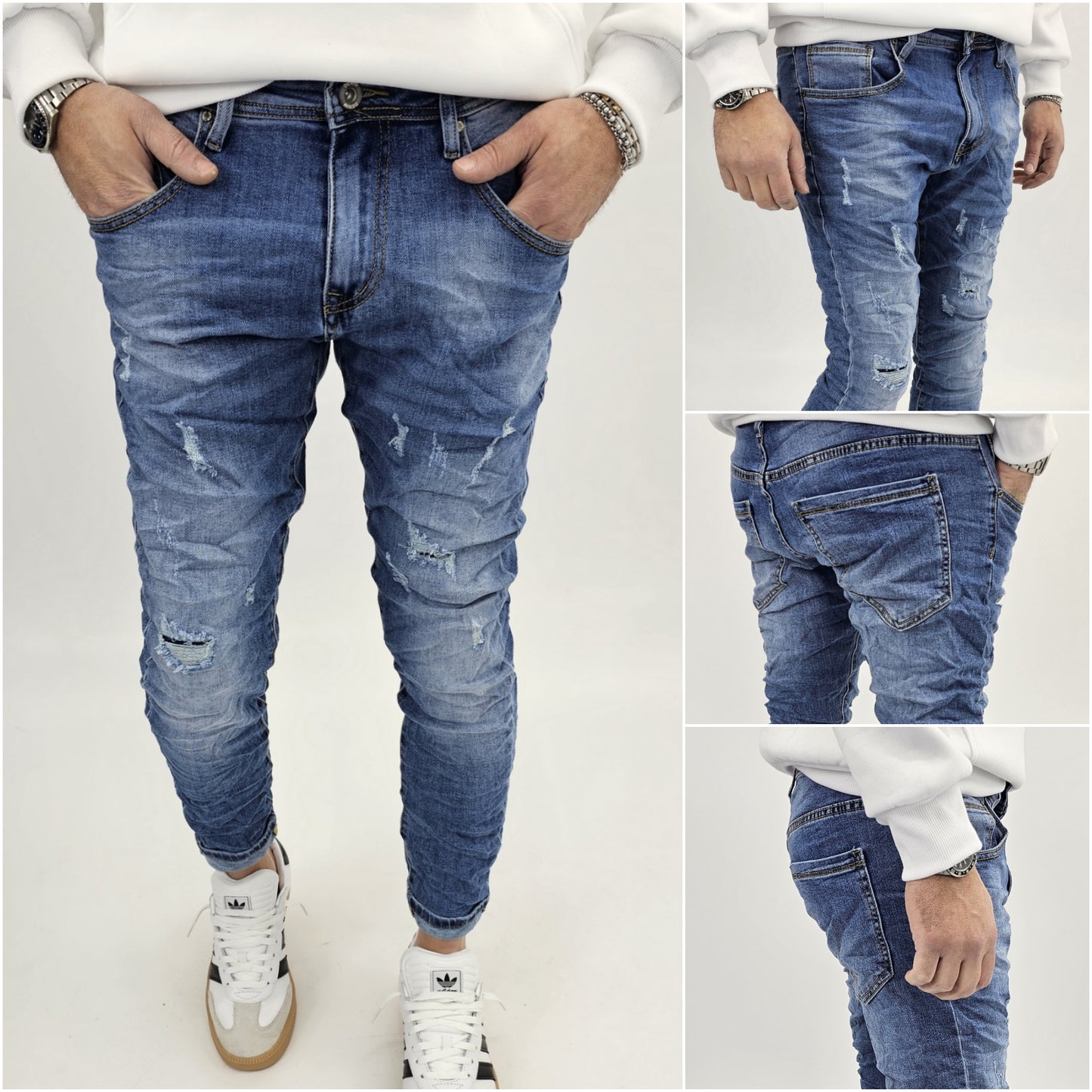 Jeans denim uomo Slim fit elasticizzati strech con strappi toppe blu sfumato 803
