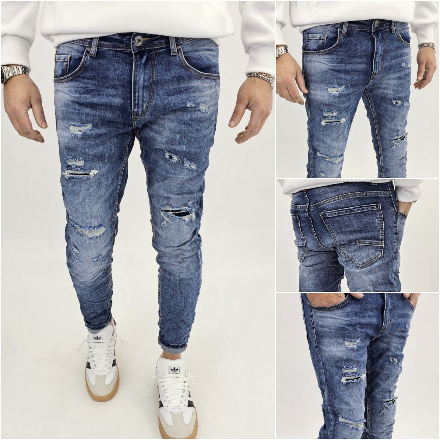 Jeans denim uomo Slim fit elasticizzati strech con strappi toppe blu sfumato 134