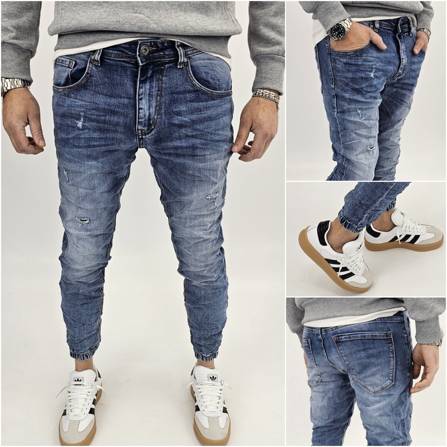 Jeans denim uomo Slim fit caviglie a molla elasticizzati strech con strappi 161