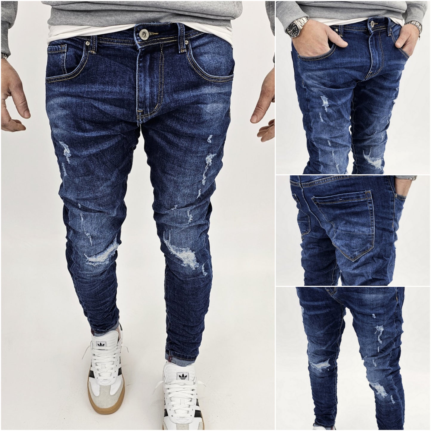 Jeans denim uomo Slim fit elasticizzati strech con strappi toppe blu 051