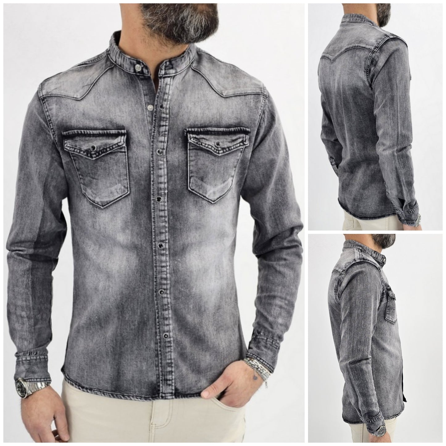 Camicia di Jeans uomo coreana nero sfumata denim a manica Lunga slim madreperla elastica