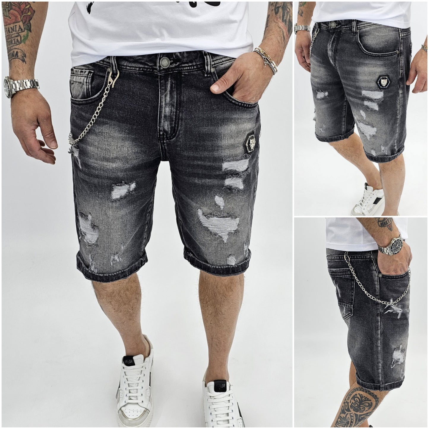 Bermuda Uomo Jeans nero sfumato Catena estraibile strappi