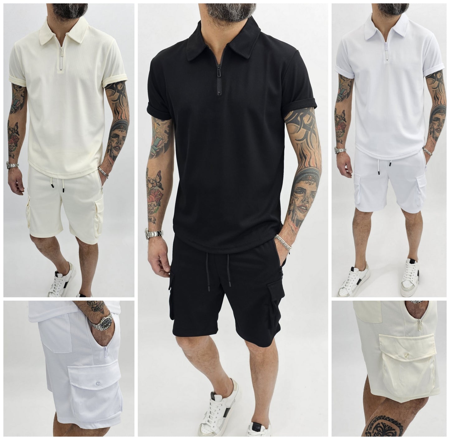 Completo uomo Camicia polo zip + Bermuda cargo corto nero/bianco/beige  s,m,l,xl,xxl