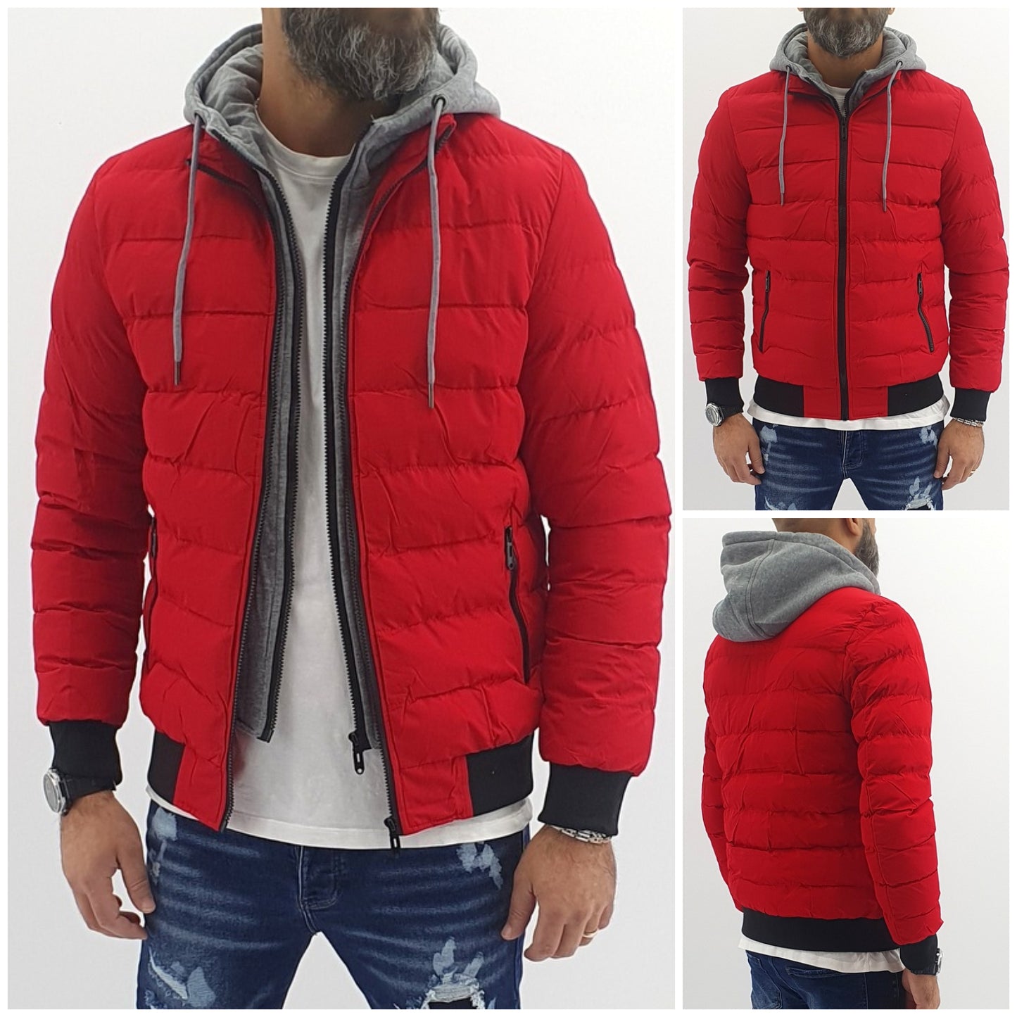piumino uomo semi impermeabile rosso con pettorina e cappuccio felpato fisso