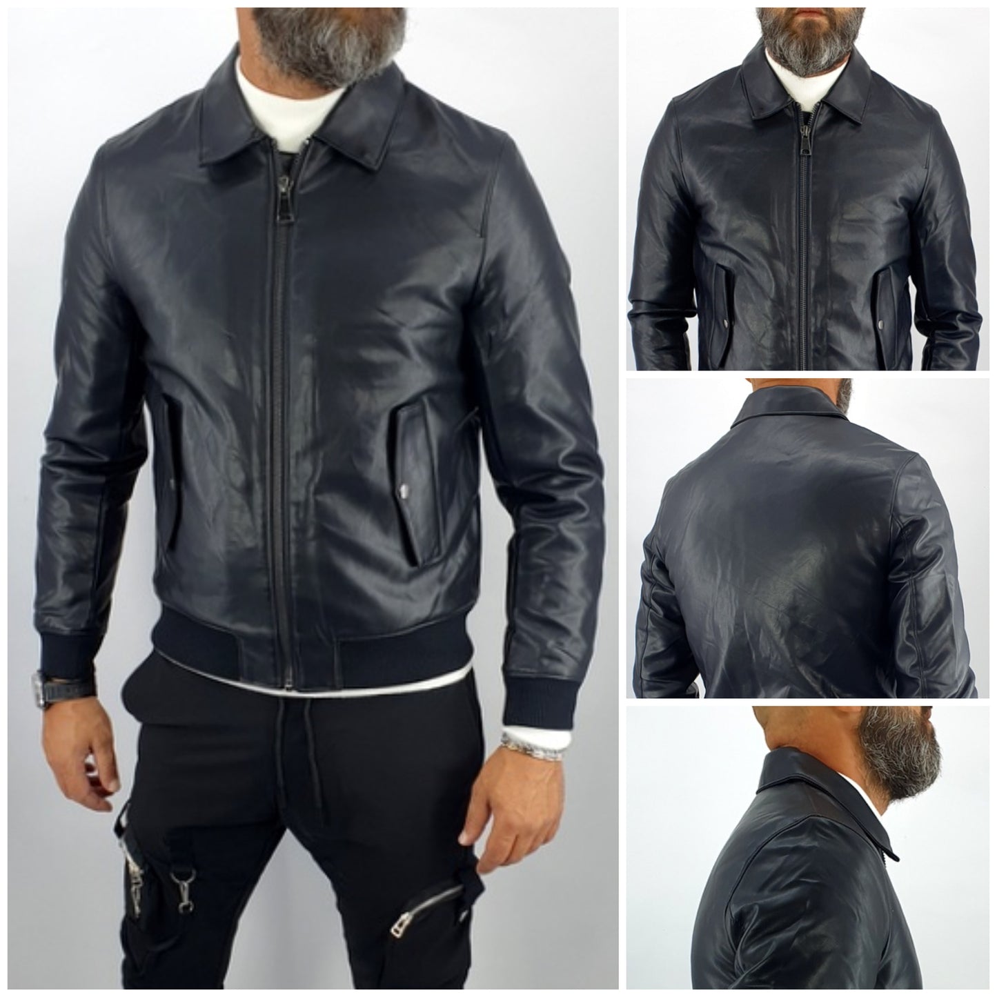 giubbino uomo giubbotto bomber eco pelle con collo nero slim fit s,m,l,xl,xxl