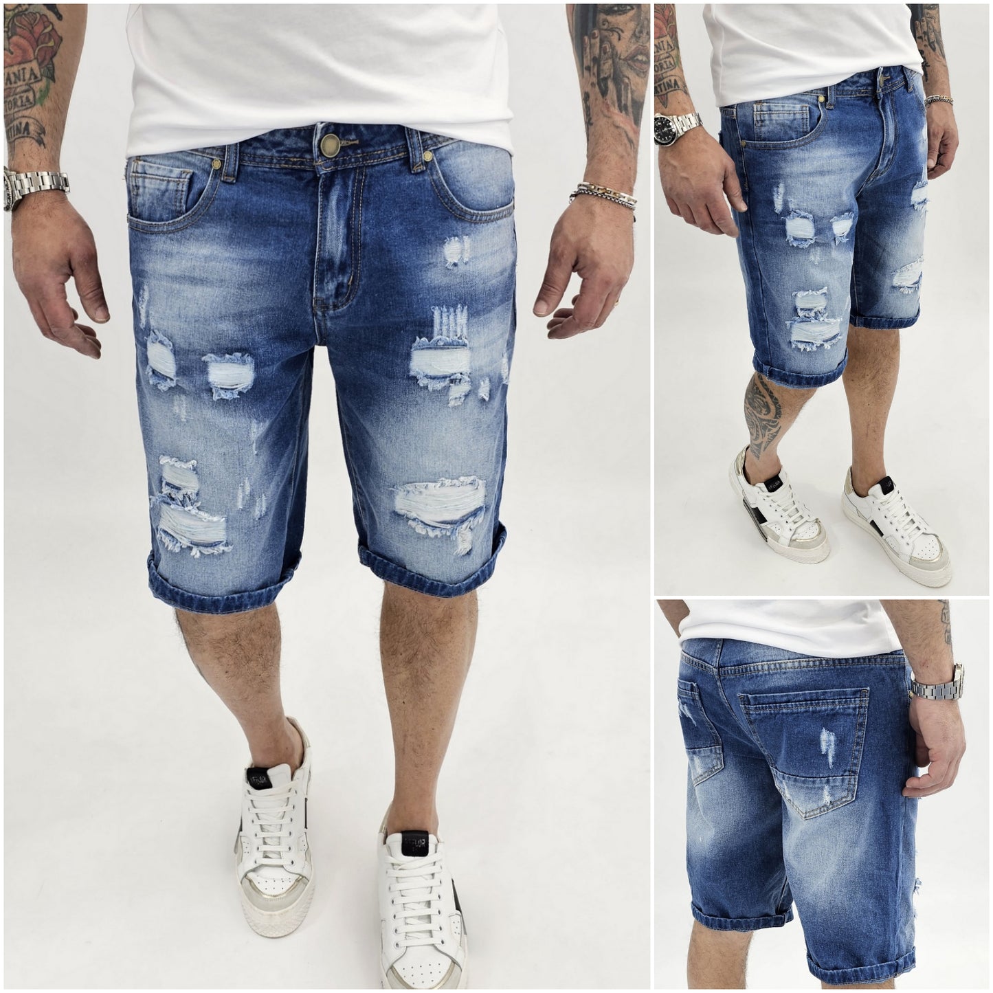 Pantaloncini Uomo Bermuda Jeans Catena strappi Pantaloni Corti Cotone