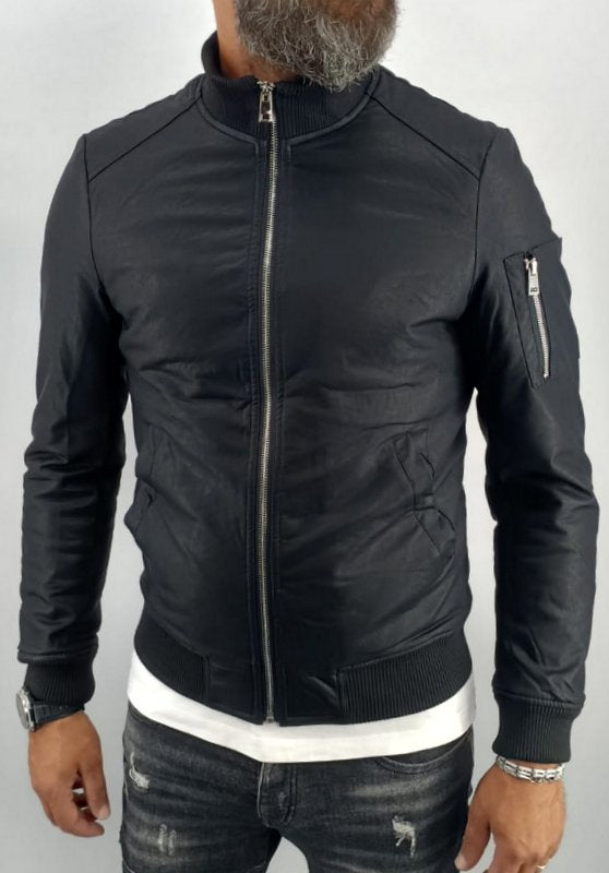 giubbino Uomo bomber collo alto ecopelle giacca corto nero slim corto tasche