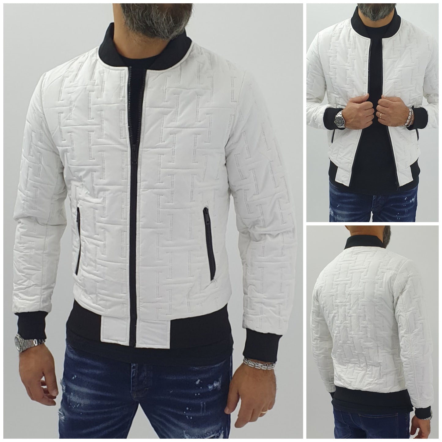 Giubbino Giubbotto giacca uomo Bomber Ricamato Casual slim bianco s,m,l,xl,xxl