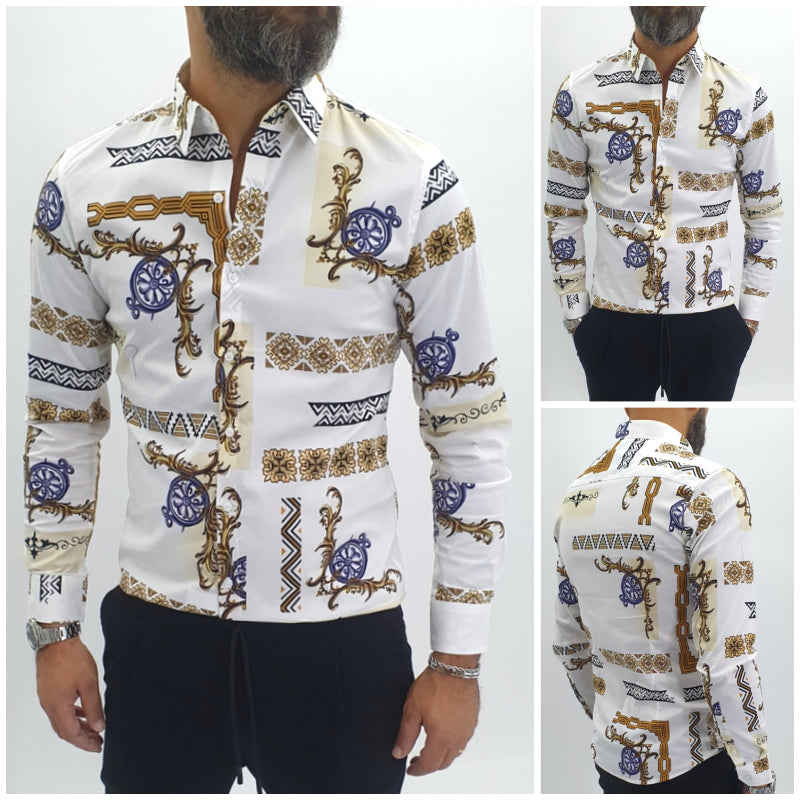 Camicia uomo Tessuto Elastico casual bianco Barocco Manica lunga Slim fit