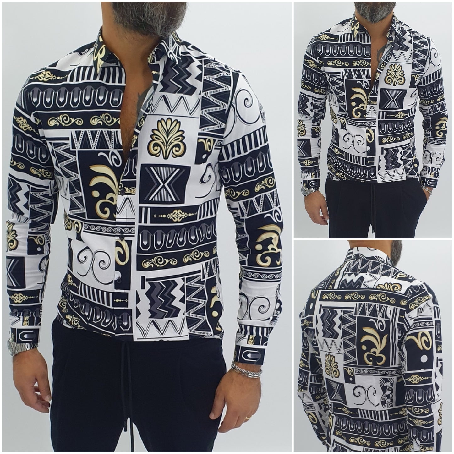 Camicia uomo Tessuto Elastico casual Collo Barocco Manica lunga Slim fit
