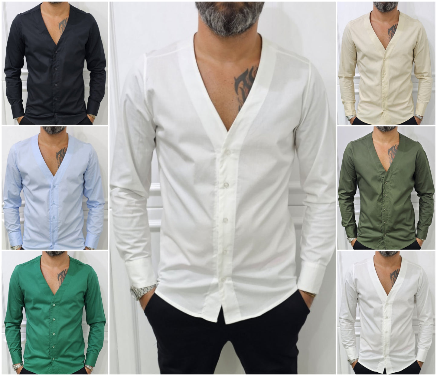 Camicia uomo Slim elastica cotone Scollo V Manica Lunga s,m,l,xl,xxl