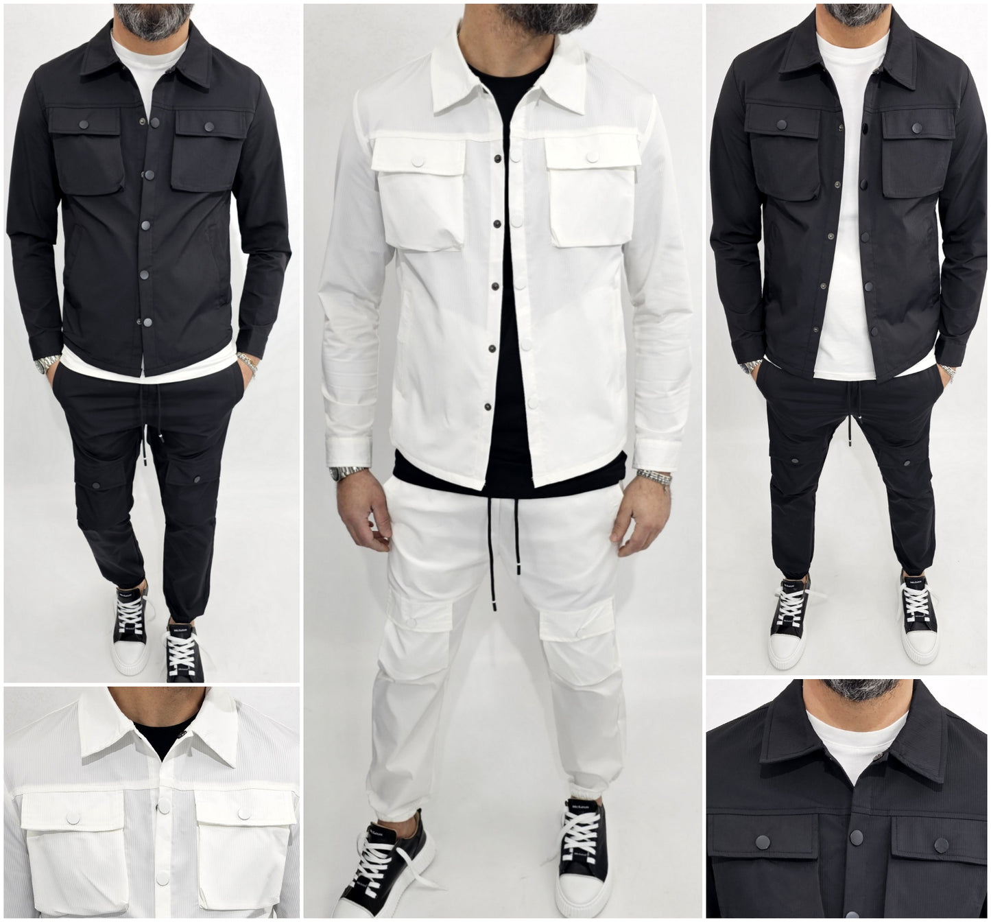 Tuta Completo Uomo cargo rigato tech Pantalone camicia nero sport tasche s,m,l,xl