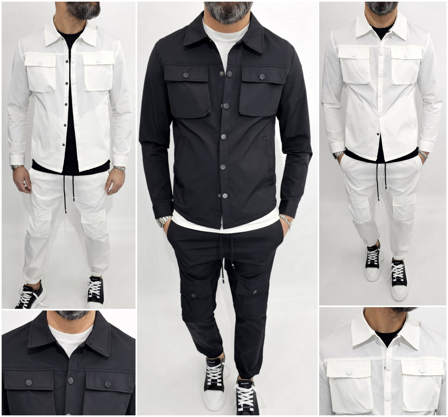 Tuta Completo Uomo cargo rigato tech Pantalone camicia nero sport tasche s,m,l,xl