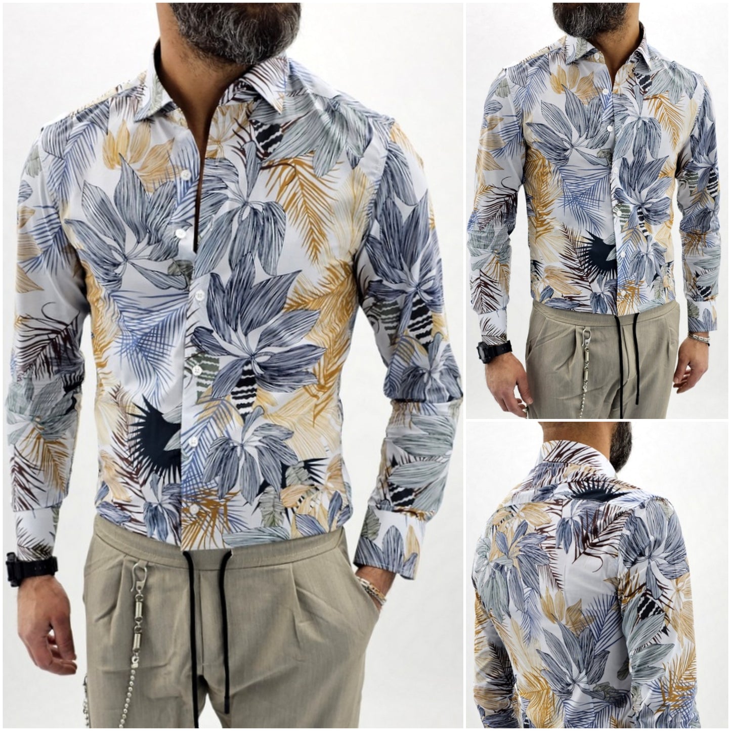 Camicia uomo Tessuto Elastico Collo Floreale celeste Manica lunga Foglie slim