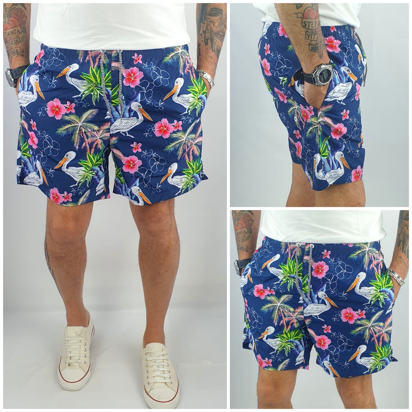 Costume Da Bagno Uomo Mare Floreale Bermuda Blu Boxer Pantaloncino Corto Cigno