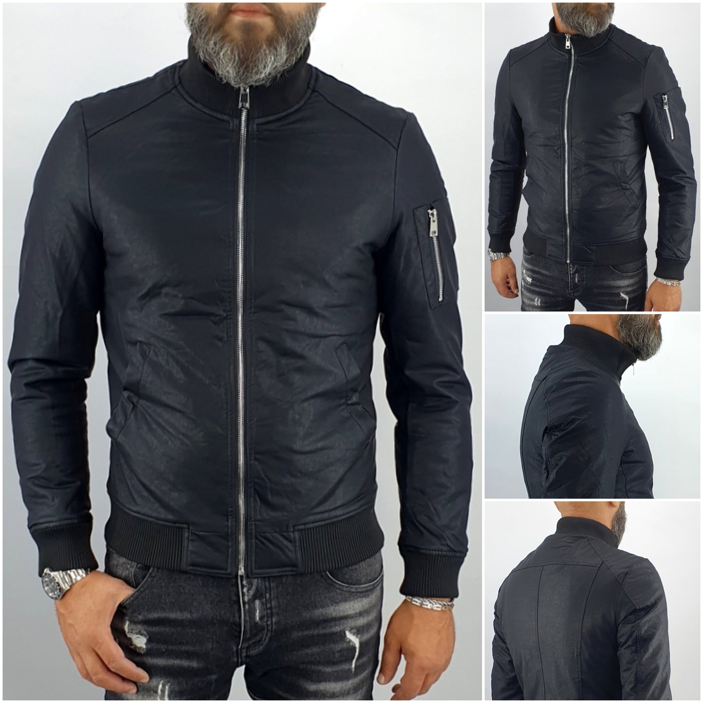 giubbino Uomo bomber collo alto ecopelle giacca corto nero slim corto tasche