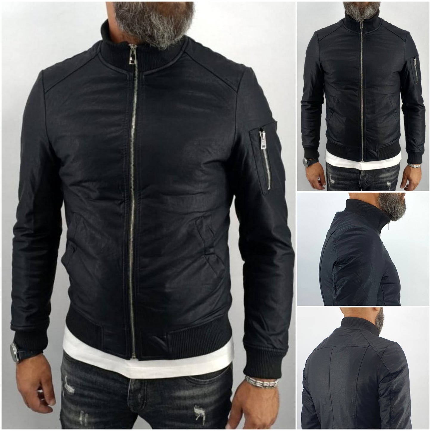 giubbino Uomo bomber collo alto ecopelle giacca corto nero slim corto tasche