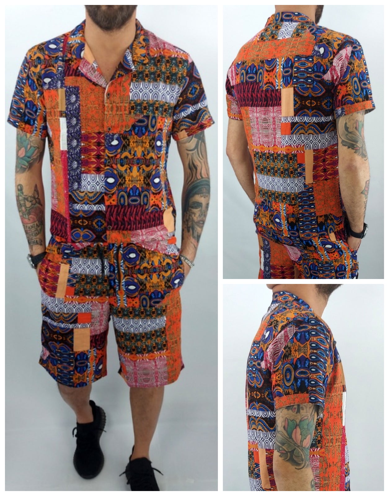 Camicia Bermuda corto uomo Cotone Completo Arancio Manica corta Estate s,m,l,xl