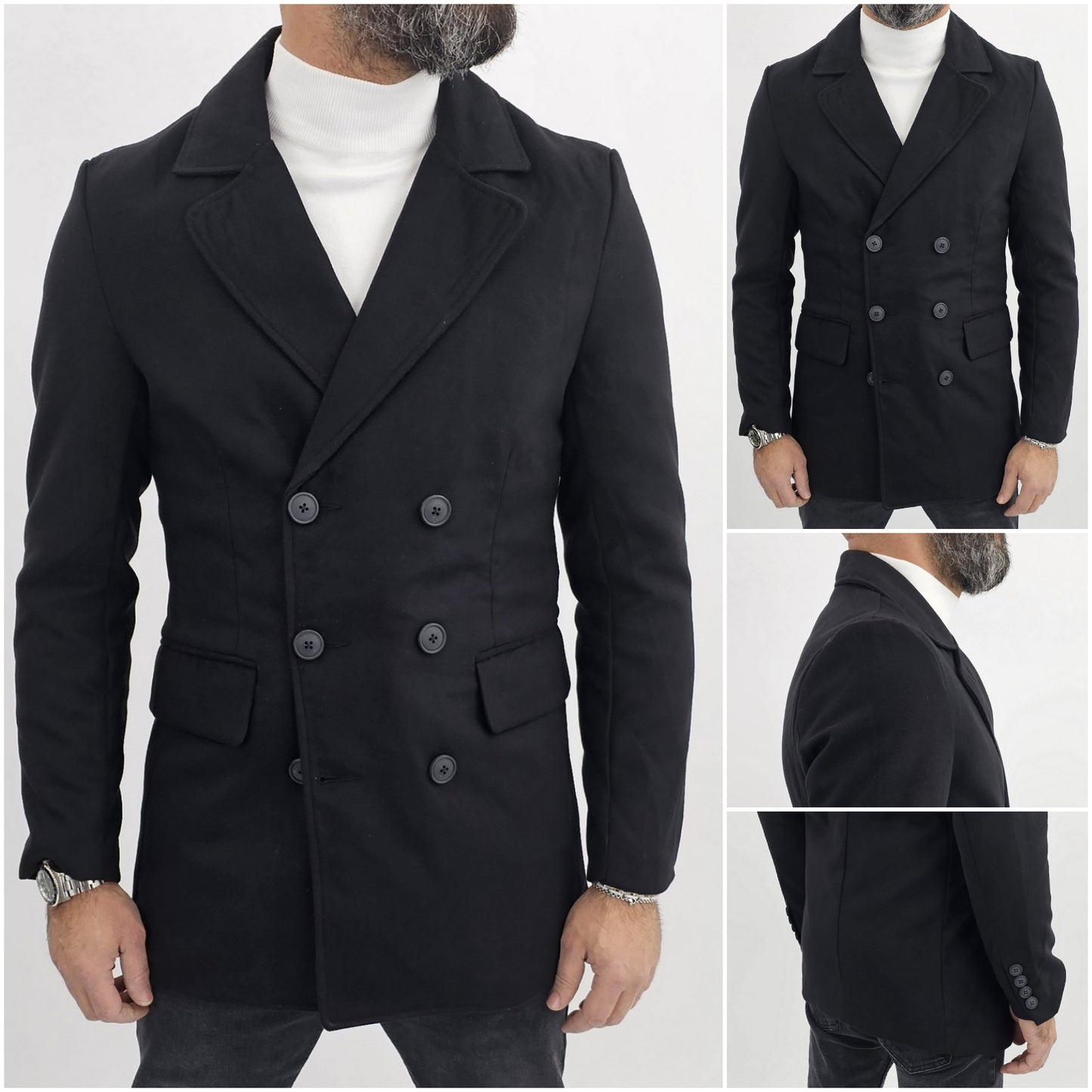 Cappotto Uomo Invernale doppiopetto Giacca Slim fit scamosciato nero