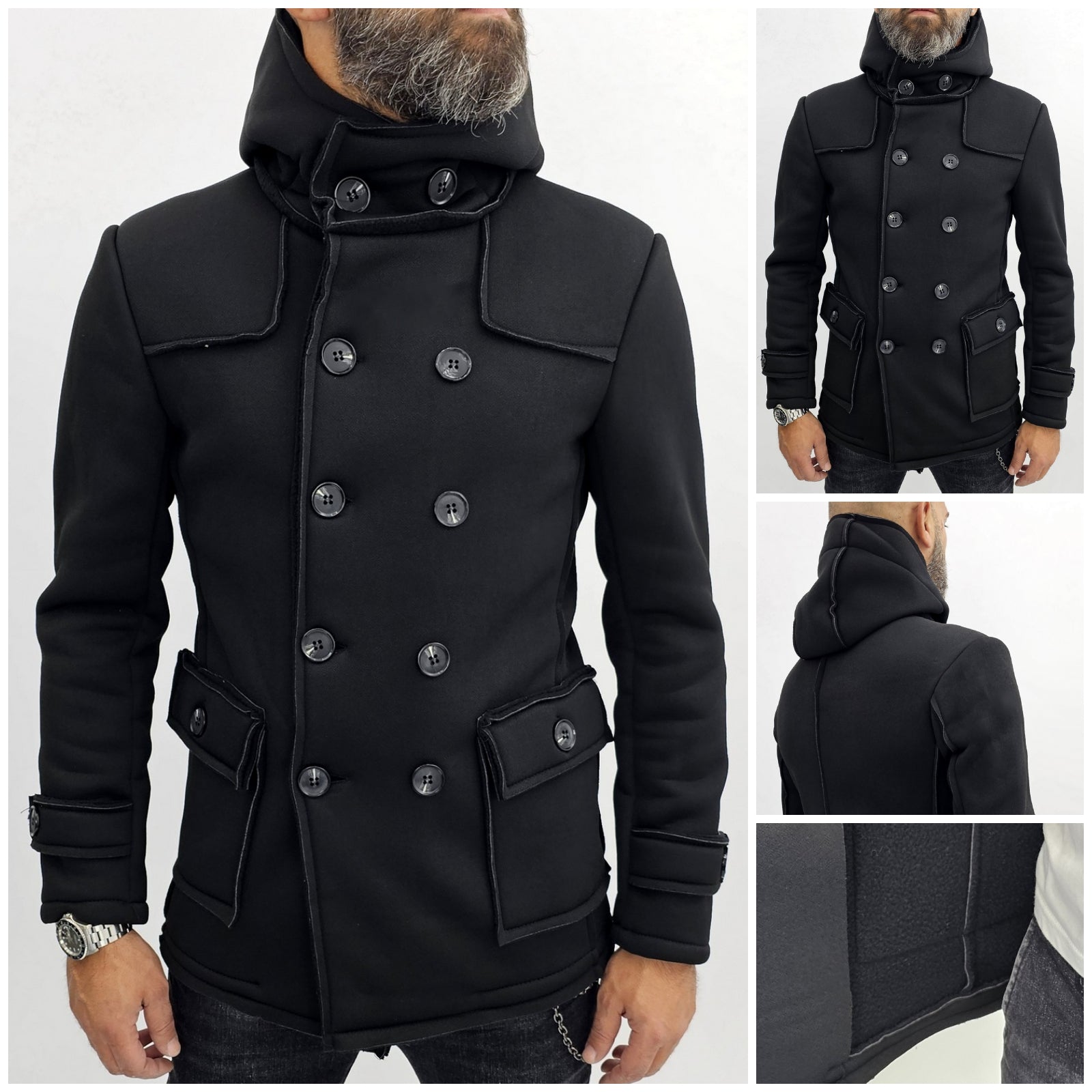 Cappotto Uomo Invernale Doppiopetto Nero Cappuccio termico slim s m l Zero081italia