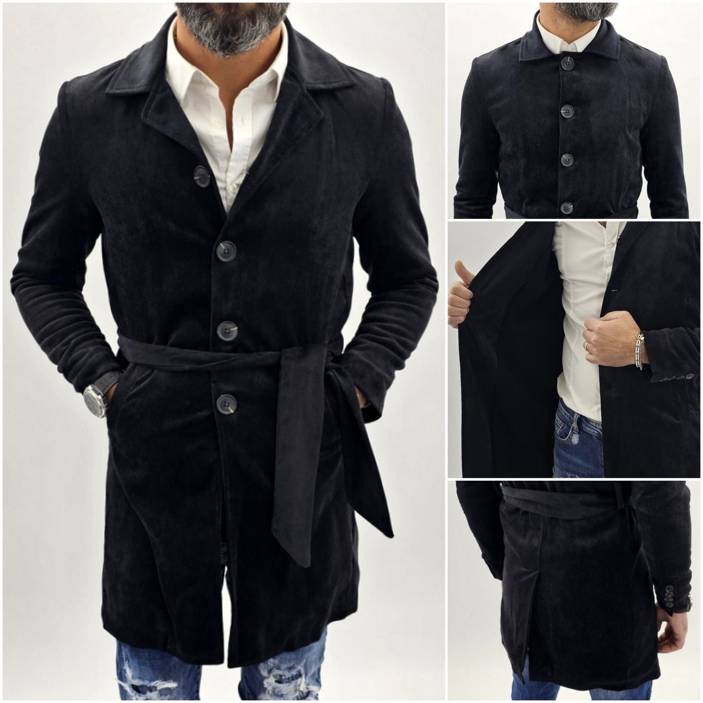 cappotto uomo trench millerighe nero cintura foderato ecopelliccia