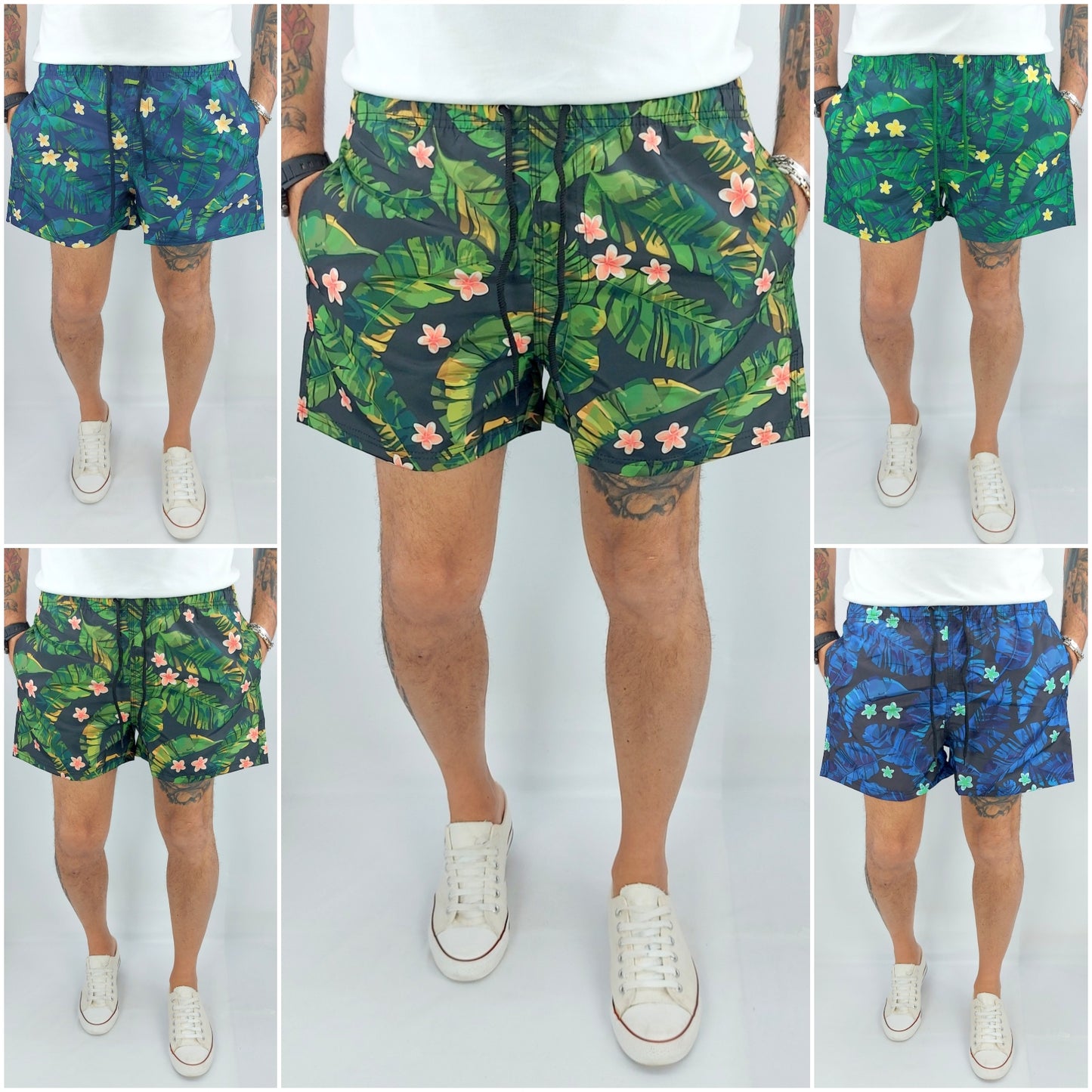 Costume Da Bagno Uomo Mare Floreale Fiori Tasche Bermuda Boxer Pantaloncino Slip