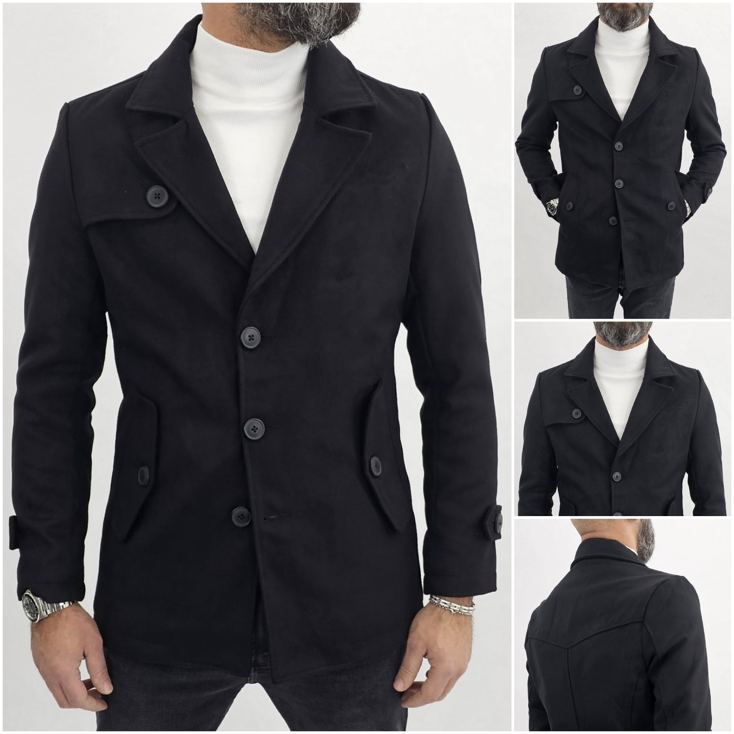 Cappotto Uomo Invernale monopetto Giacca Slim fit scamosciato nero