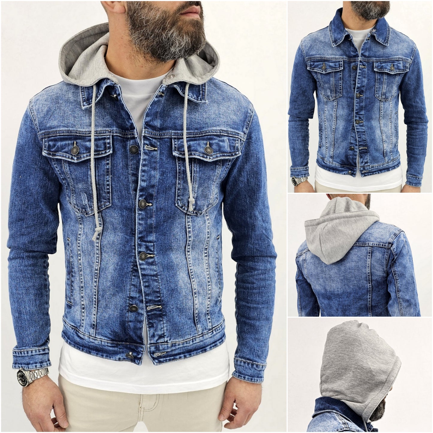 Giubbino di Jeans uomo Blu denim a manica Lunga slim cappuccio felpa estraibile