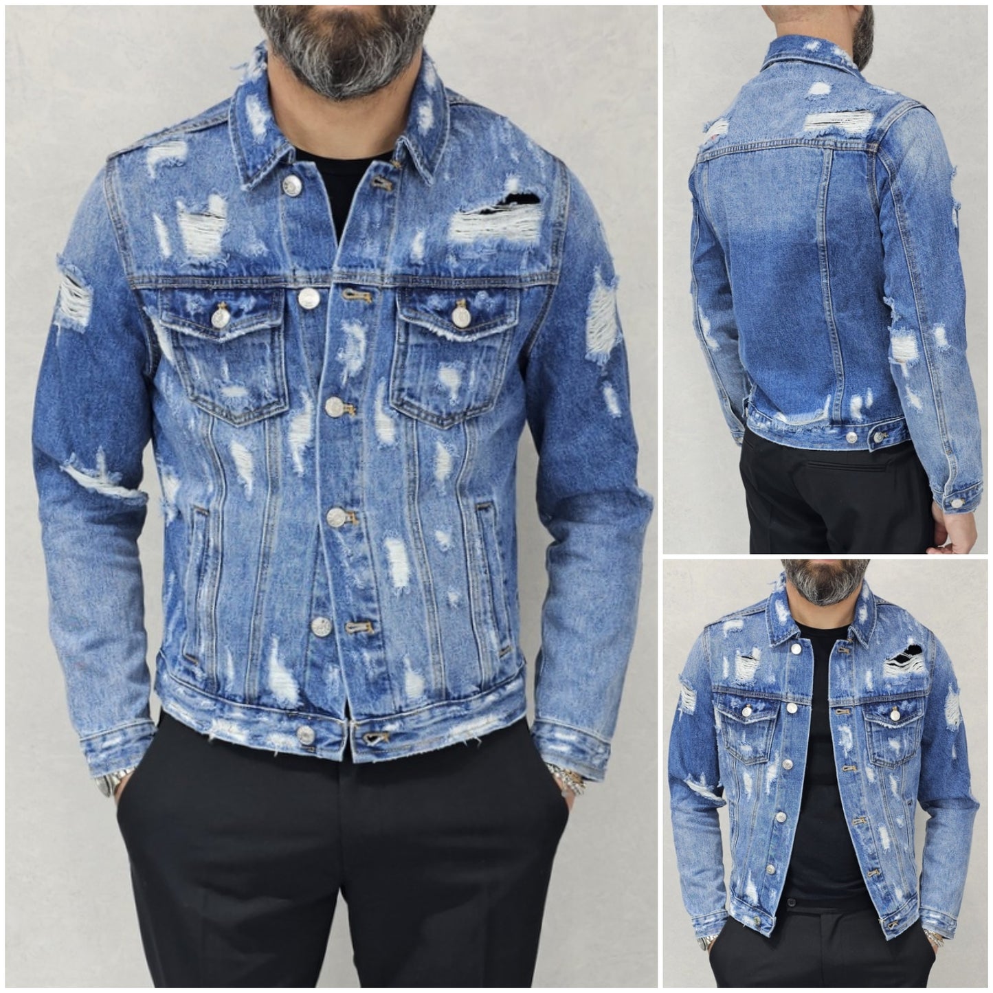 Giubbino di Jeans uomo Blu denim a manica Lunga strappi s,m,l,xl,xxl