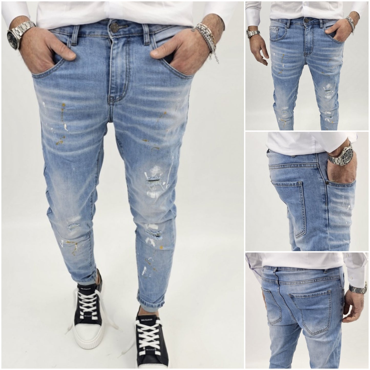 Jeans Denim Pantaloni cotone Uomo Slim Elasticizzati pittura Strappi toppe blu