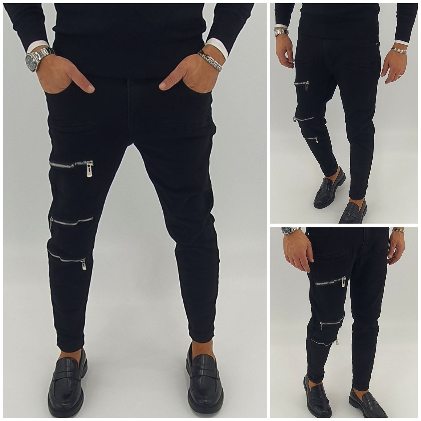 Jeans uomo nero zip gamba elastico denim 42,44,46,48,50,52