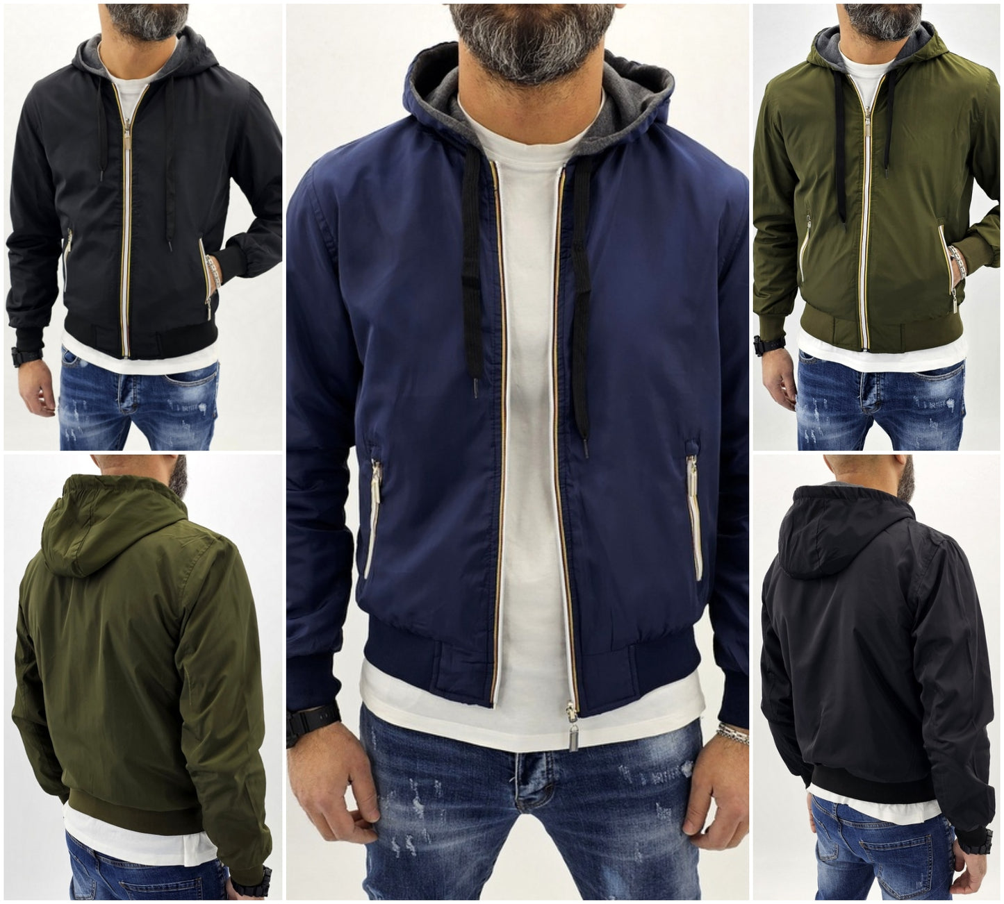 giubbino uomo bomber double face semi impermabile cappuccio nero,verde,blu