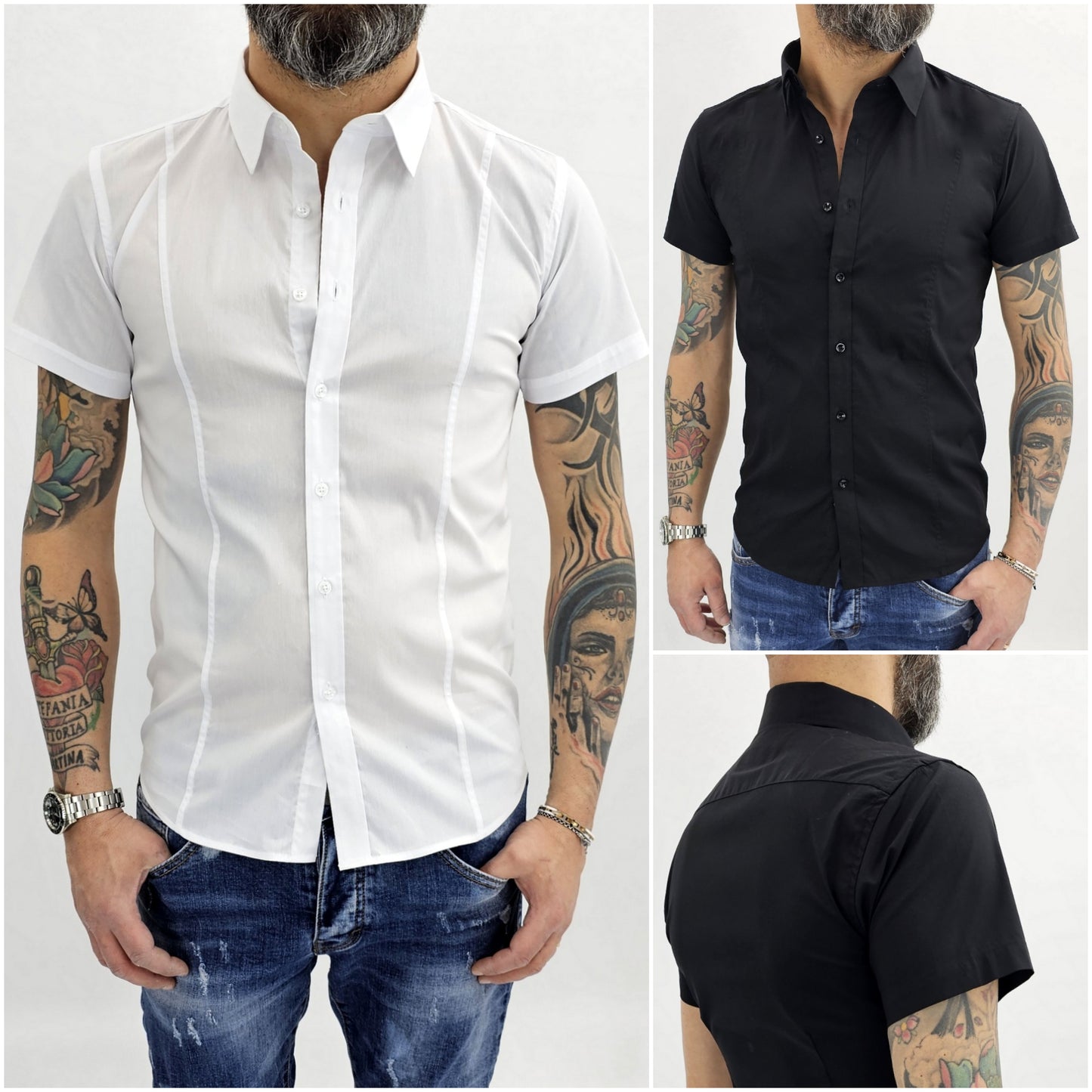 Camicia uomo slim fit in cotone a maniche corte aderente elasticizzata pence