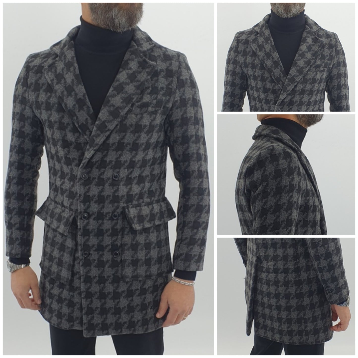 Cappotto Uomo Invernale doppiopetto Giacca Slim quadri Giubbino Nero Elastico