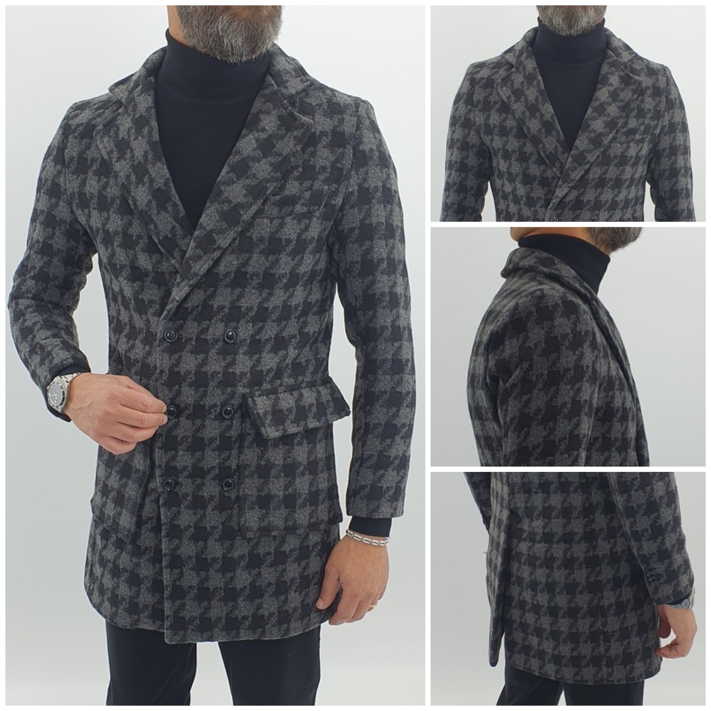 Cappotto Uomo Invernale doppiopetto Giacca Slim quadri Giubbino Nero Elastico